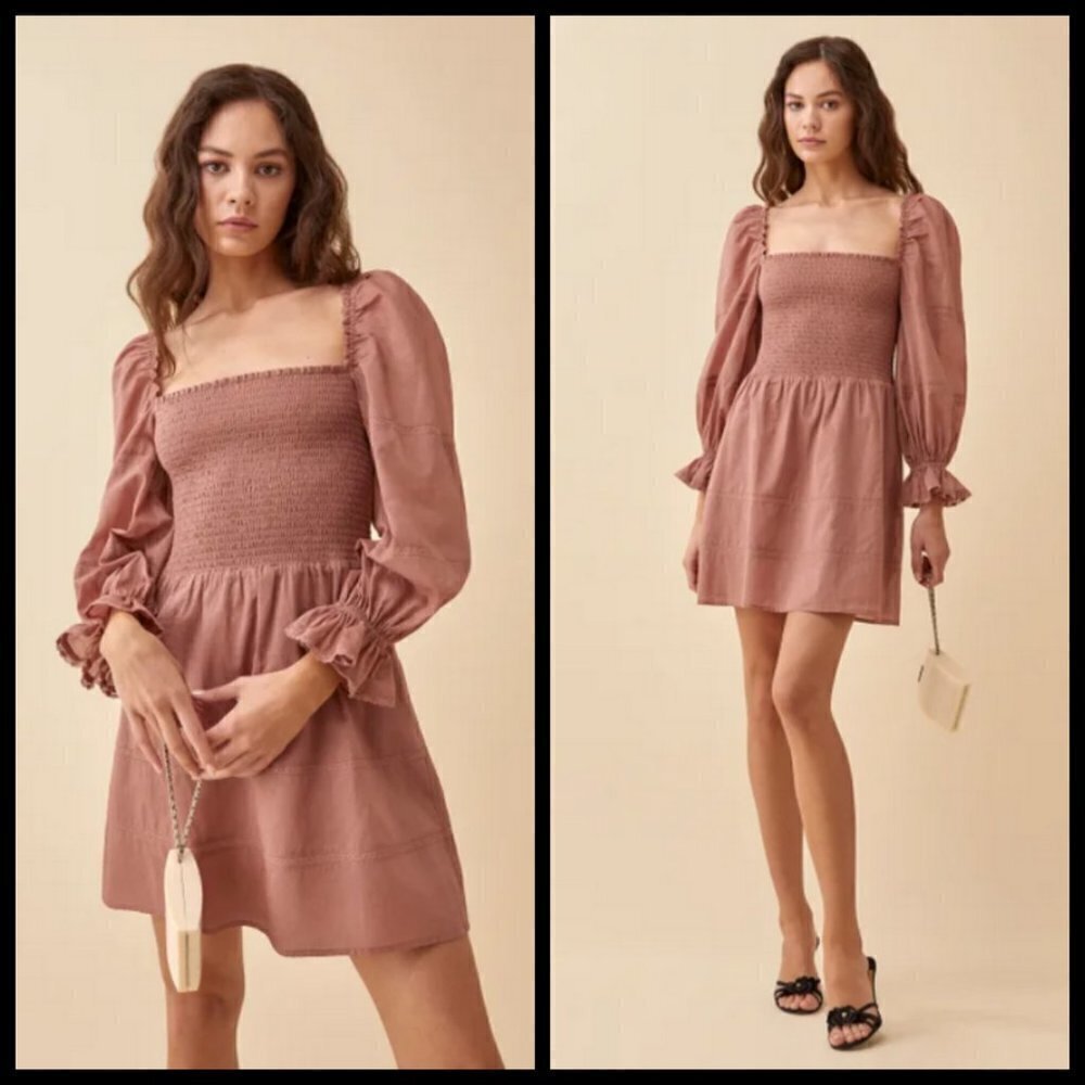 💕REFORMATION💕 Dunes Dress Puff Sleeve ~ Praline 6 NWT